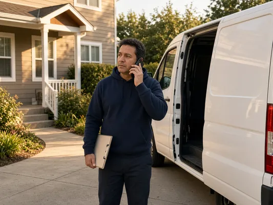 Field worker on a phone call beside a white van, reading a clipboard