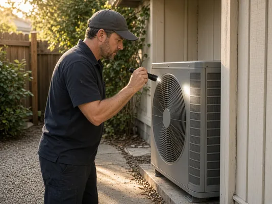 HVAC technician with a flashlight checking an outdoor air-conditioning unit beside a house