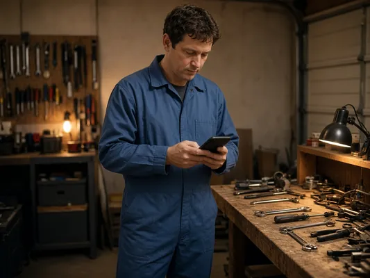 Technician in blue coveralls reading his phone in a workshop